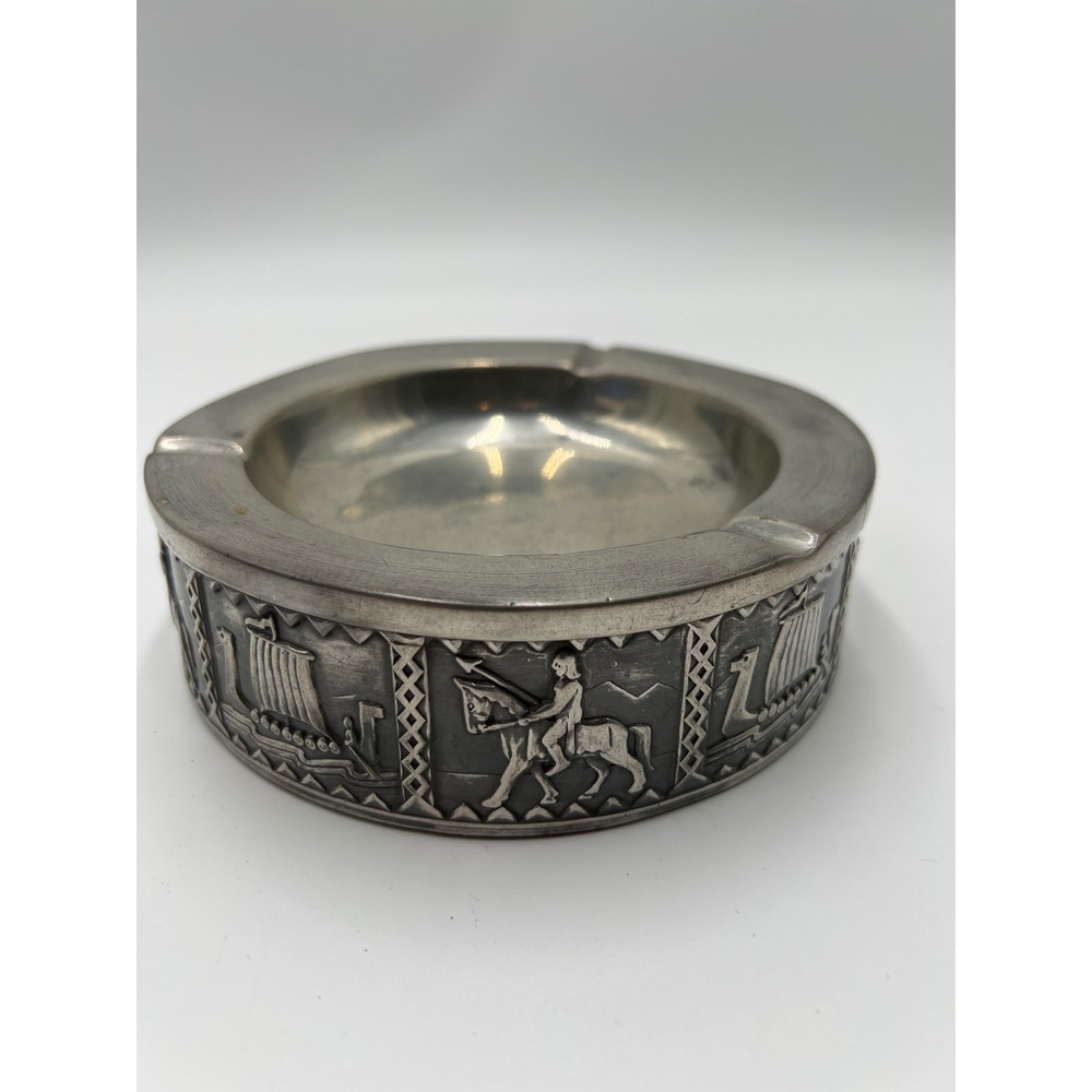 Vintage Viking Longship Pewter Ashtray Norse Warrior Horseback Relief Round